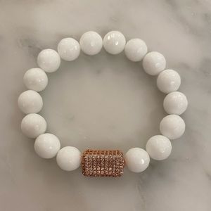 WHITE JADE ROSE GOLD RHINESTONE BRACELET BEADED STRETCHY